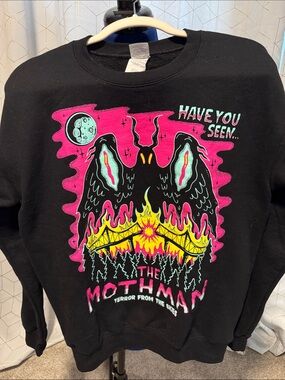 Gildan Black Sweatshirt with Neon Pink, Yellow & Teal Mothman Graphic